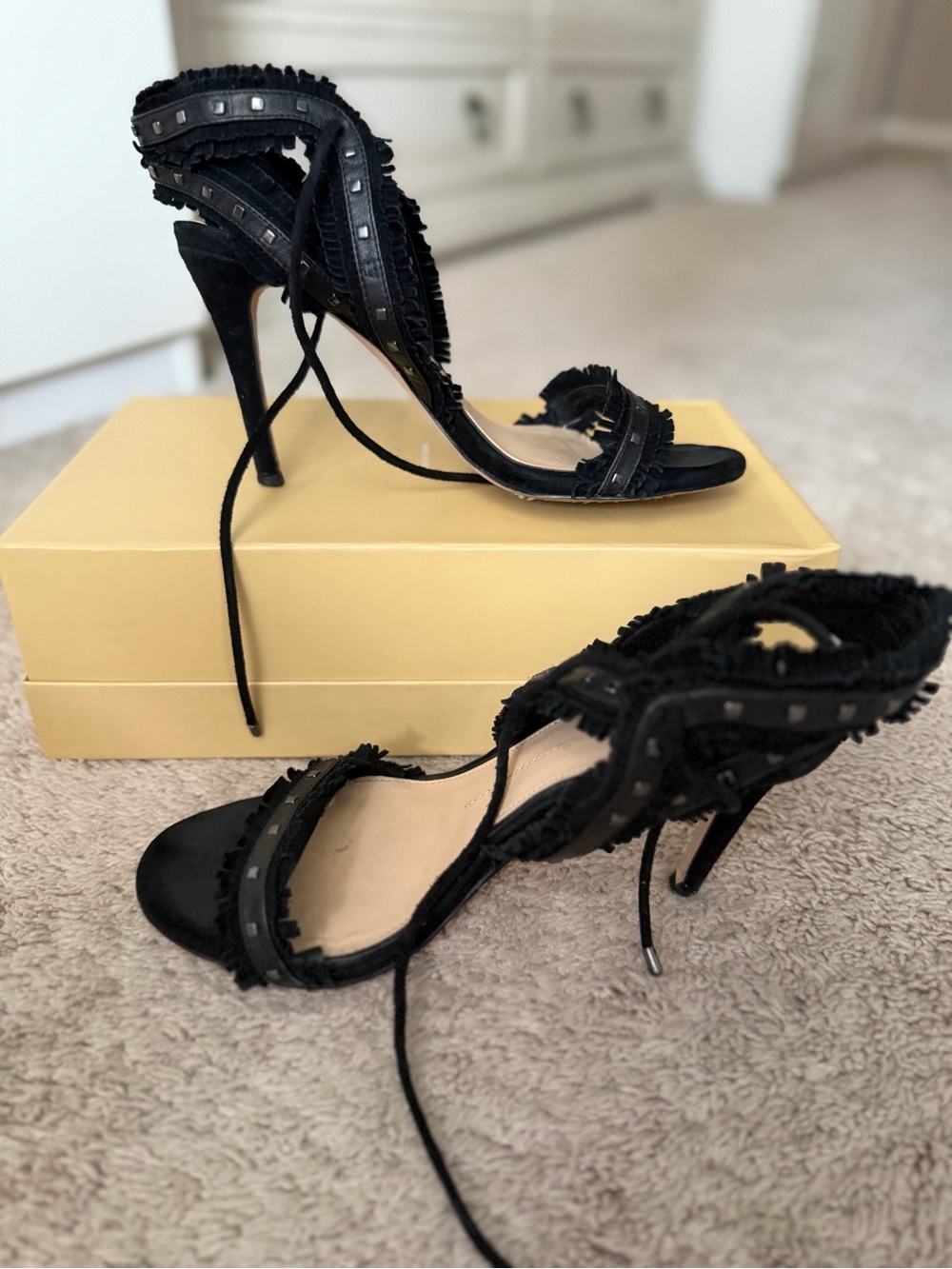 Gianni Bini Black Fringe Studded Lace-Up Stiletto Sandals